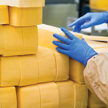 Um trabalhador dispõe embalagens de queijo em montes numa produtora de lacticínios. Na indústria de lacticínios, os analisadores de TOC podem ajudar na monitorização de resíduos orgânicos de efluentes e na redução da perda de produtos.